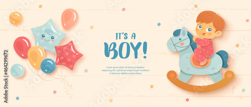 Baby shower horizontal banner with cartoon boy, horse and helium balloons on beige wooden background. It's a boy. Vector illustration