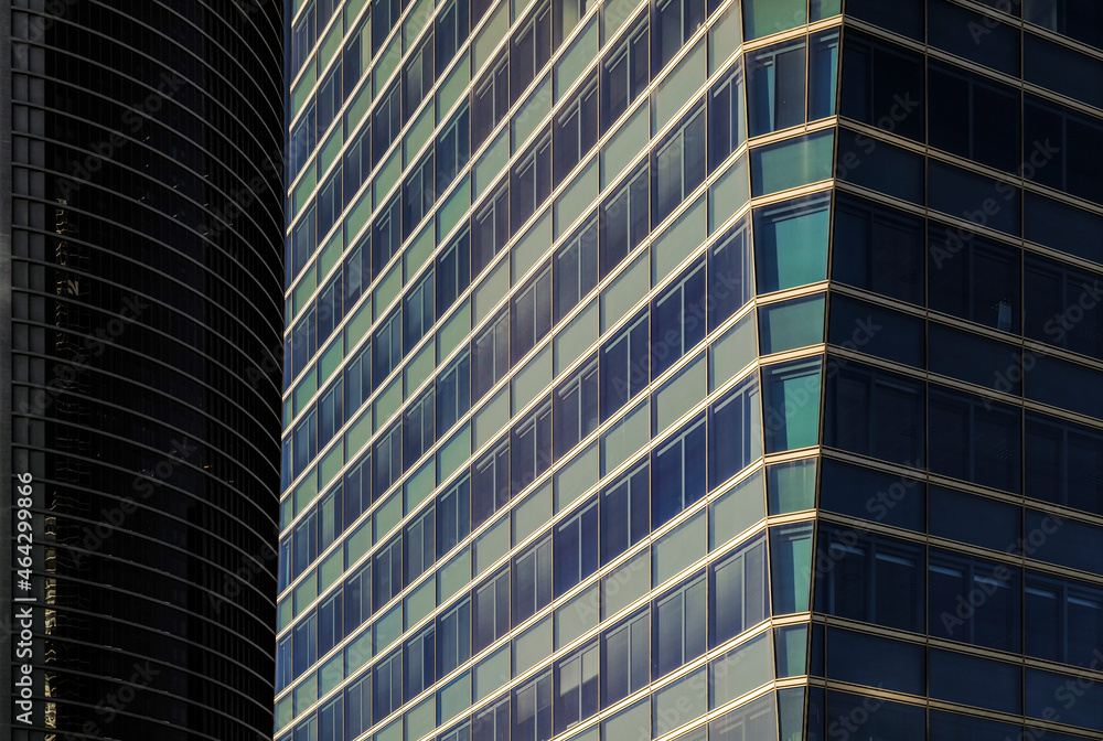 Closeup of modern building tower in Madrid, Spain