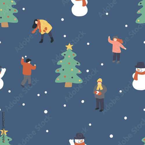Christmas and New Year seamless pattern. Winter holidays. People are playing snowballs. Vector hand drawn illustration in flat cartoon style.