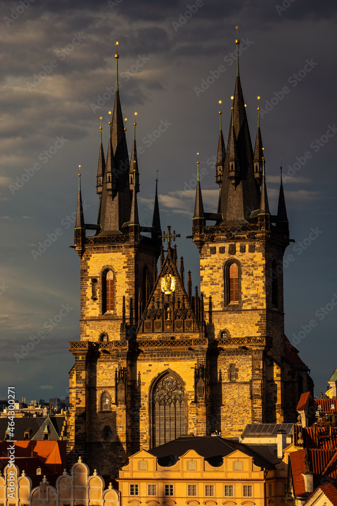 Prague, Czech Republic - 2021: Amazing sunset with top aerial view to the Old Town Square in this beautiful landmark of Europe. Astronomical Clock in the photo. Travel photography.