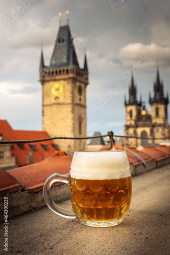 Canvas Print Drinking a Czech beer in a restaurant on top of a hotel in Prague with an amazing view to the Old Town Square and the Astronomical Clock