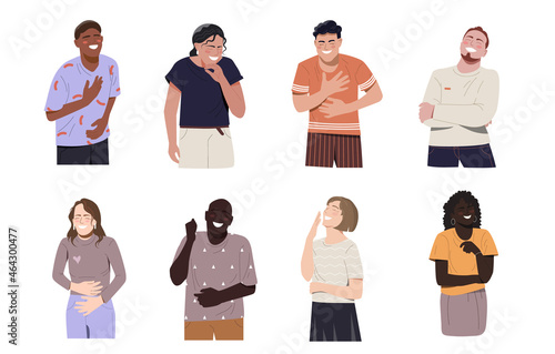 Set of people laughing out loud on white background. Funny laughter of happy cheerful men and women. Joyful people with positive emotions. Flat cartoon vector illustration
