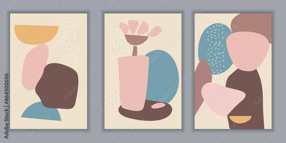 Set of modern templates with abstract composition of simple shapes. Trending collage style, minimalism. Pastel earthy colors. Vector banners for postcards, posters and social media covers