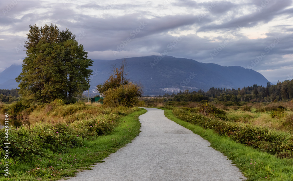 Trail in a city park. Colorful Summer Sunset. Colony Farm Regional Park, Port Coquitlam, Vancouver, British Columbia, Canada.