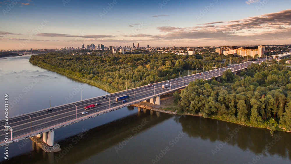 Panorama of Warsaw from above, Grota-Roweckiego bridge and downtown, photo from the drone, August 2016, Warsaw, Poland.