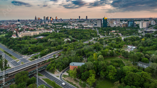 Panorama of Warsaw from above, downtown at sunset, photo from the drone, May 2017, Warsaw, Poland.