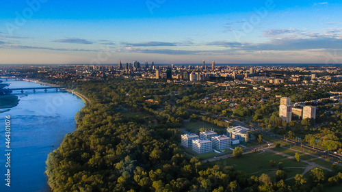 Panorama of Warsaw from above, Olympic Center and downtown, photo from the drone, May 2017, Warsaw, Poland.