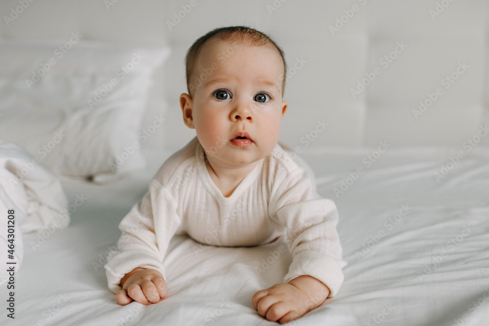 Five months old baby lying on stomach, making serious face expression, looking at camera. Five months old baby lying on stomach, making serious face expression, looking at camera.