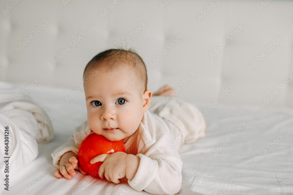 Five months old baby lying on stomach, smiling, posing with a red ball. Five months old baby lying on stomach, smiling, posing with a red ball.
