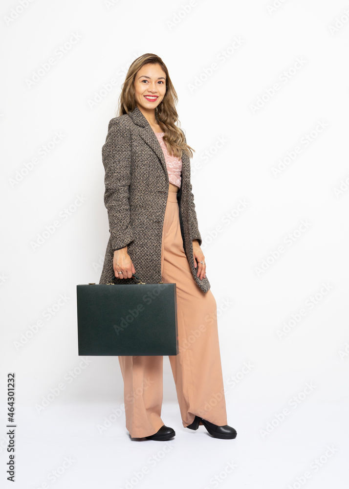 Full length portrait of smiling business woman with briefcase Full length portrait of smiling business woman with briefcase