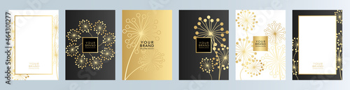 Tropical cover design set. Floral background with golden line dandelion flower. Vector collection black and gold elegant pattern for wedding invitation, luxury menu, business catalog, sale template