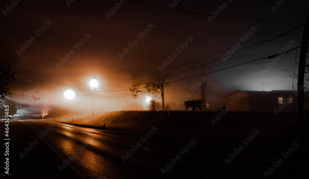 Foggy Street Under The Streetlights - Mixed Lighting