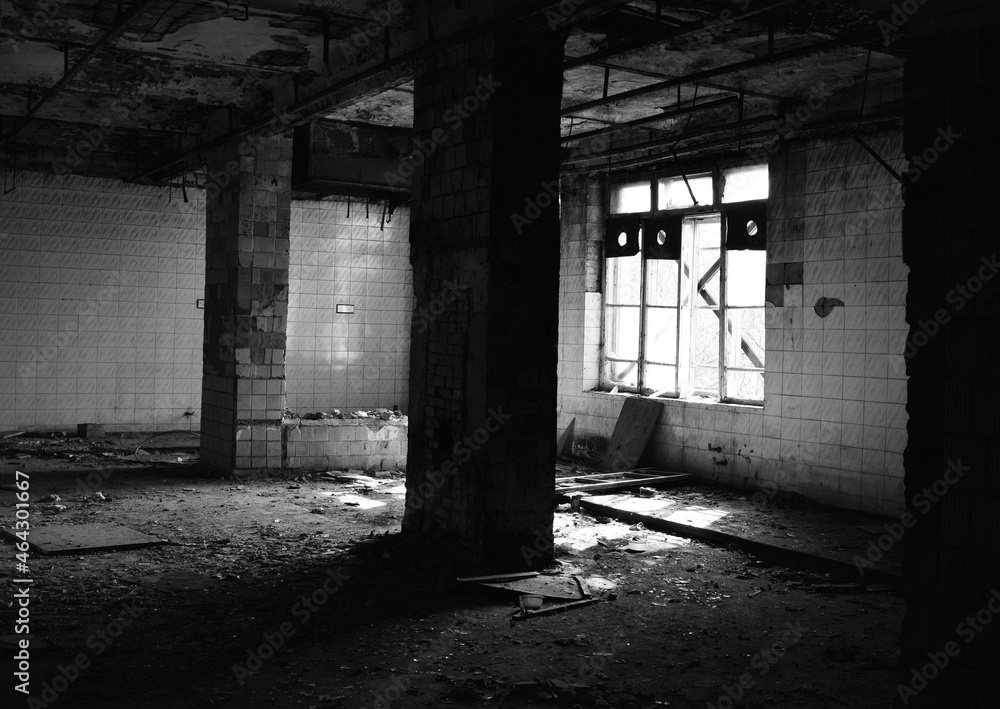 monochrome. horror, halloween. old abandoned premises, ruin. empty territories, abandoned houses. concept of war, Chernobyl disaster. sad view heavy atmosphere. desolation and destruction of the abode - obrazy, fototapety, plakaty 