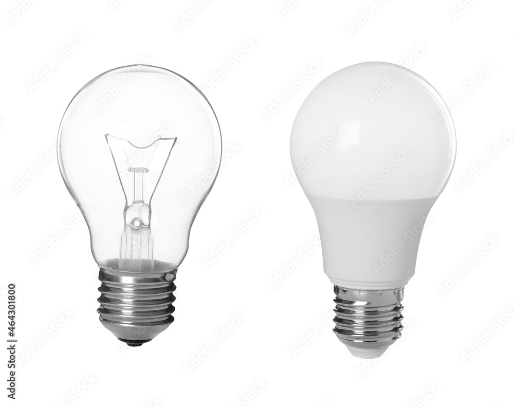 Comparison of two different light bulbs on white background, collage Comparison of two different light bulbs on white background, collage