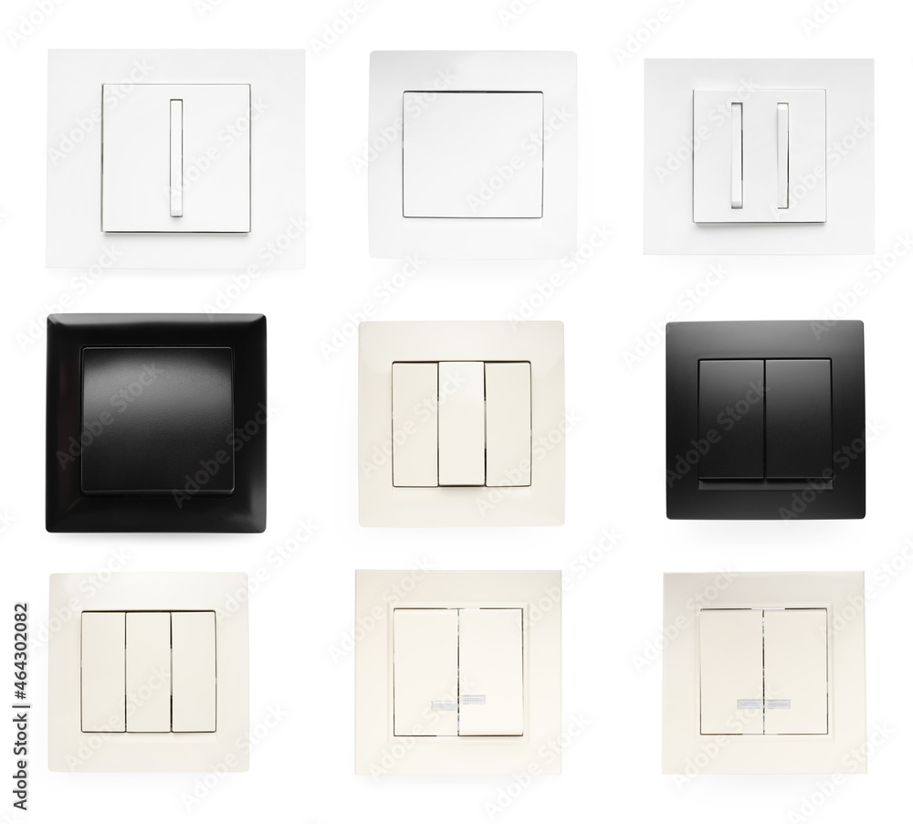 Set with different light switches on white background Set with different light switches on white background