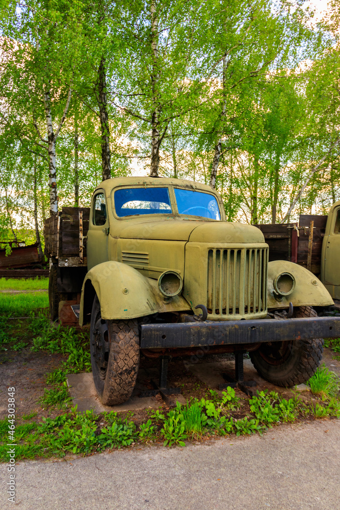 Rusty soviet retro trucks in Open air Museum of Folk Architecture and Folkways of Middle Naddnipryanschina in Pereyaslav, Ukraine Rusty soviet retro trucks in Open air Museum of Folk Architecture and Folkways of Middle Naddnipryanschina in Pereyaslav, Ukraine