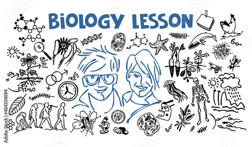 Biology lesson. A set of symbols for a biology lesson. Drawing lines on a white background. The concept of training, education.