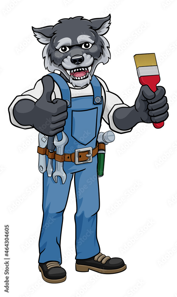 Obraz premium Wolf Painter Decorator Holding Paintbrush