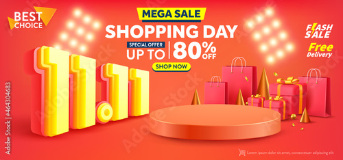 Vector of 11.11 Shopping day Poster or banner with product podium scene,gift box and shopping bag.11 november sales banner template design for social media and website.