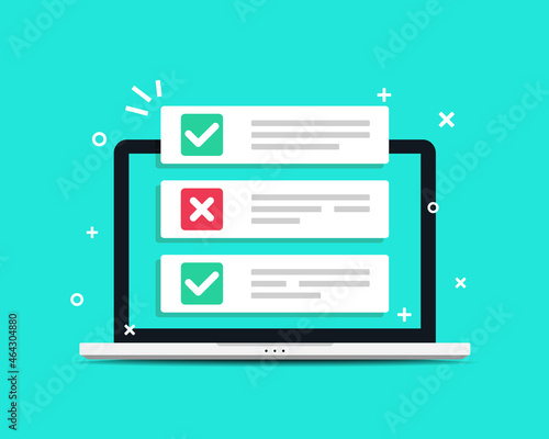Checklist on laptop screen. Questionnaire form test, checklist survey. Illustration vector