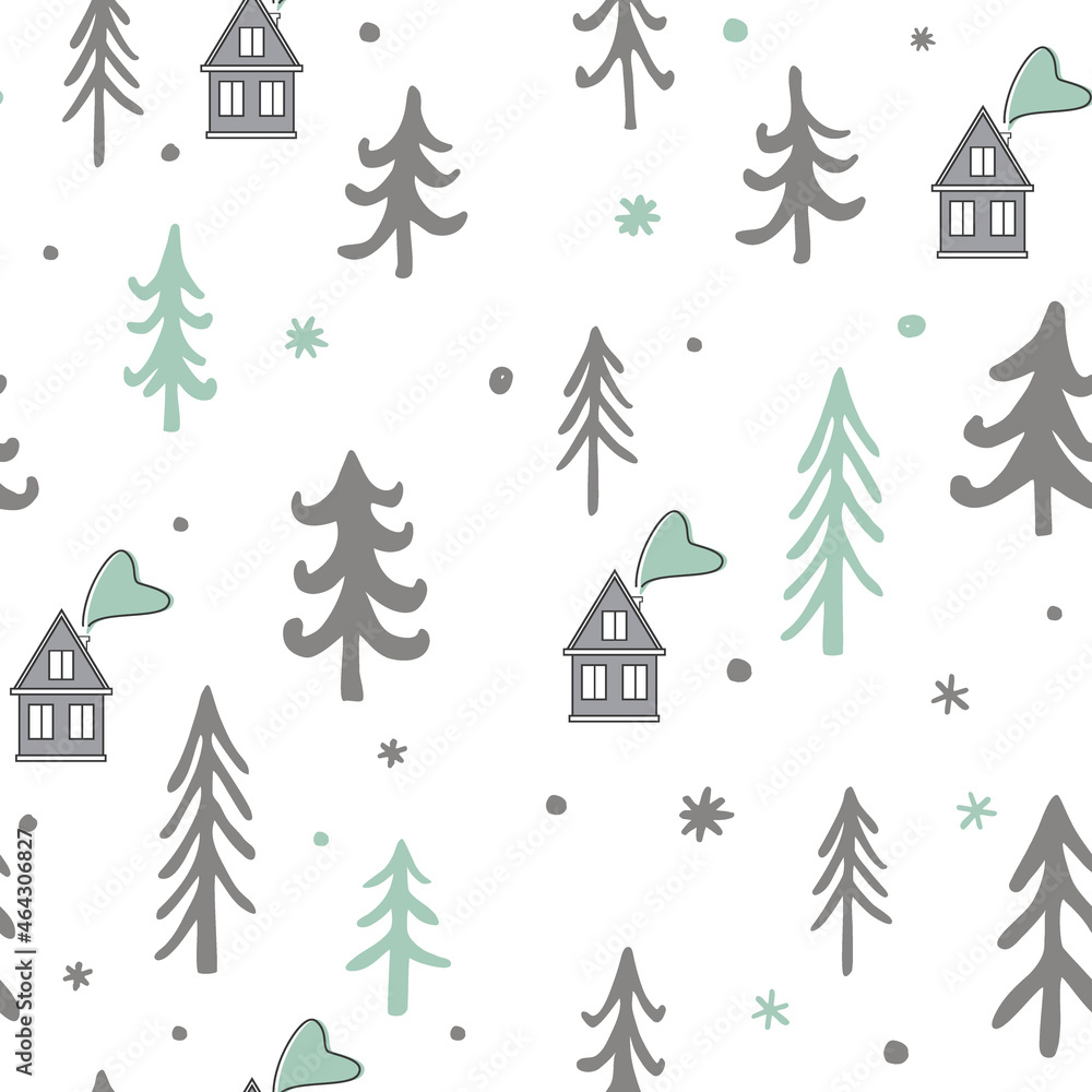 Scandinavian winter seamless pattern. Cute houses, and trees landscape. Cartoon Xmas vector background Scandinavian winter seamless pattern. Cute houses, and trees landscape. Cartoon Xmas vector background