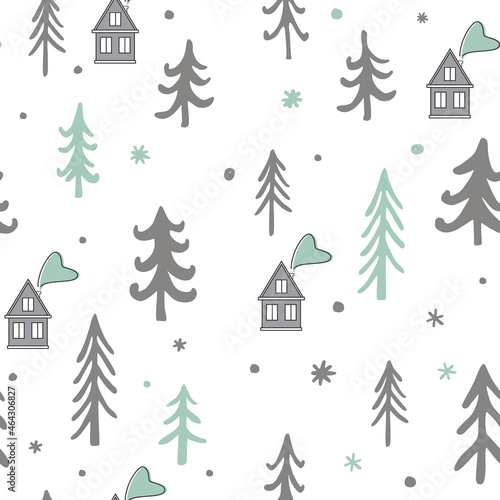 Scandinavian winter seamless pattern. Cute houses, and trees landscape. Cartoon Xmas vector background