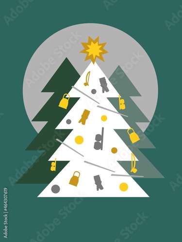 Capoeira Christmas greetings card. Vector illustration with pine tree decorated with capoeira instruments.