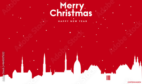 Marry Christmas and Happy new year red greeting card with white cityscape of Copenhagen