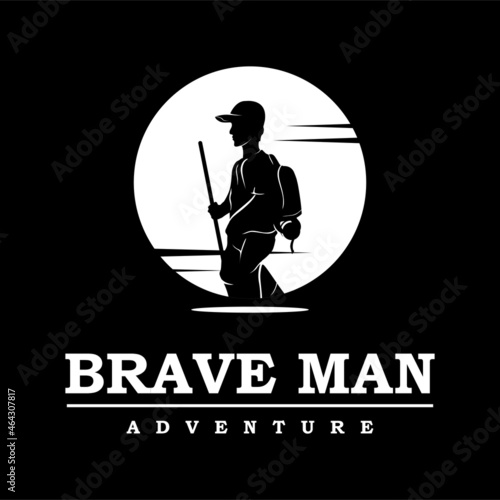silhouette of climber with moon or sun. Adventure man logo design illustration, brave man in the scenery. vector logo template