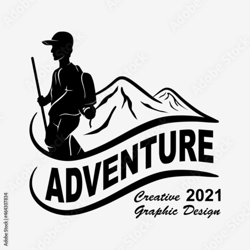 silhouette of climber and mountain. Adventure man logo design illustration, brave man in the scenery. vector logo template