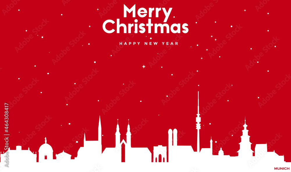 Marry Christmas and Happy new year red greeting card with white cityscape of Munich