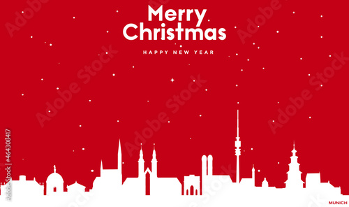 Marry Christmas and Happy new year red greeting card with white cityscape of Munich