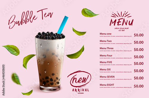 Bubble milk tea, Pearl milk tea , Different sorts of Boba. Yummy drinks. Ads with delicious tapioca.  Restaurant cafe menu, template design. Food flyer. Chalk board, retro menu restaurant poster. 