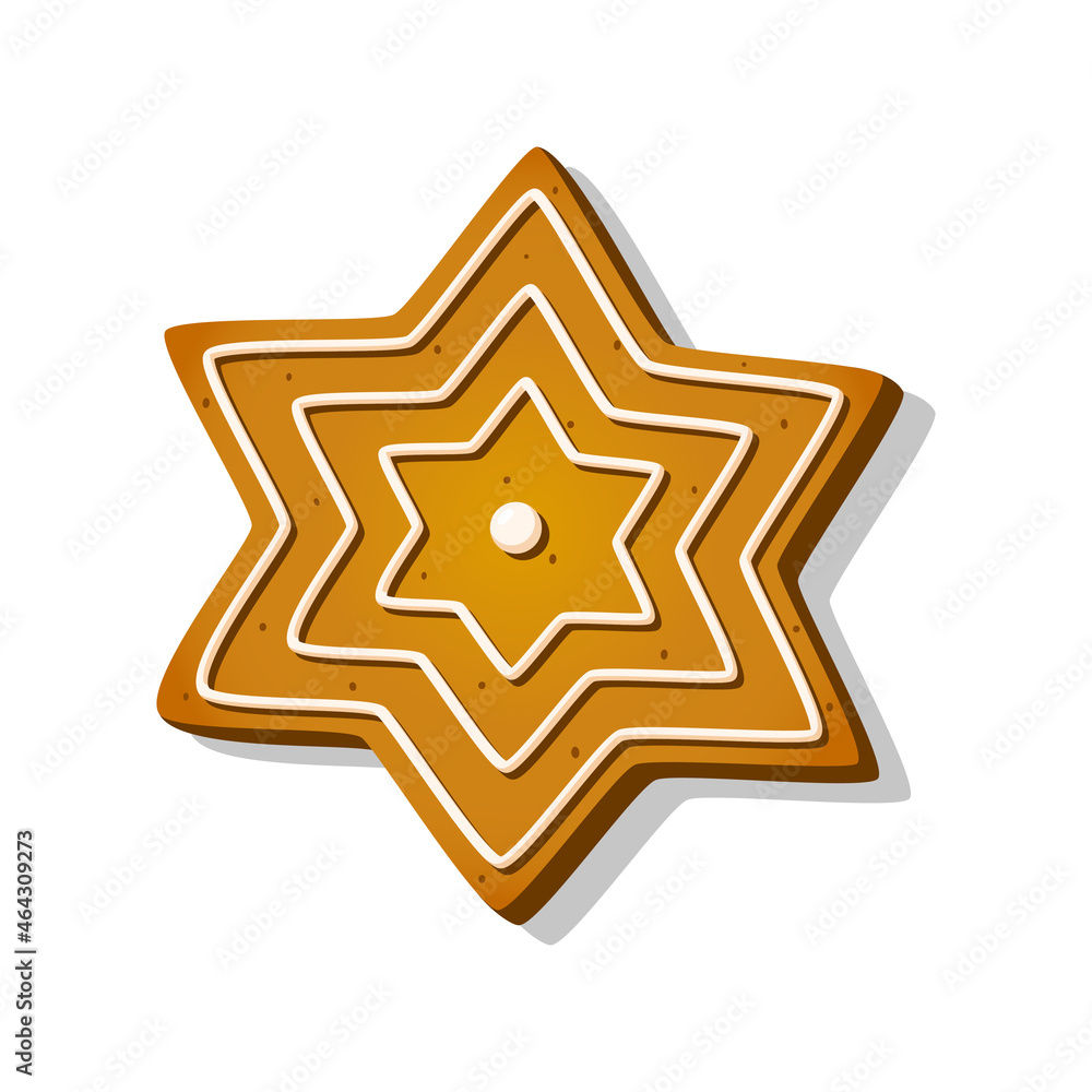 Christmas gingerbread cookie in star shape with sugar glaze in cartoon style. Winter sweet biscuit isolated on white background. Homemade tasty dessert. Vector illustration Christmas gingerbread cookie in star shape with sugar glaze in cartoon style. Winter sweet biscuit isolated on white background. Homemade tasty dessert. Vector illustration