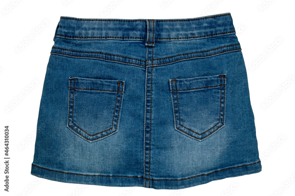 Jeans skirt. Close-up of sexy short blue jeans skirt with a elegant leather belt isolated on a white background. Clipping path. Denim fashion for girls. Back view. Jeans skirt. Close-up of sexy short blue jeans skirt with a elegant leather belt isolated on a white background. Clipping path. Denim fashion for girls. Back view.