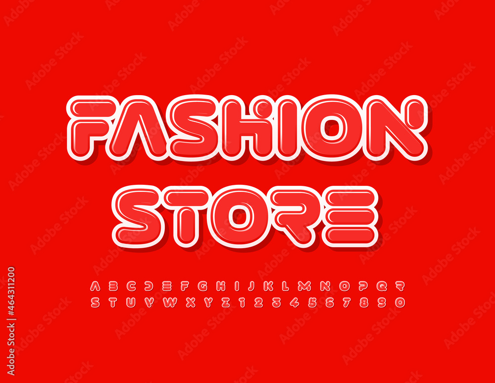 Naklejka premium Vector trendy Poster Fashion Store. Glossy Red Font. Stylish Alphabet Letters and Numbers set