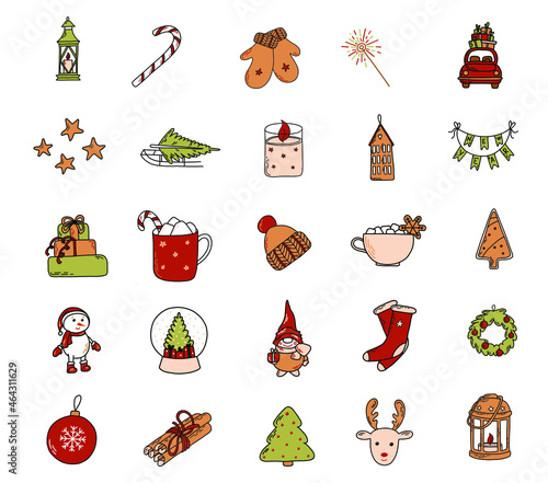 Vector winter icons collection. 25 Cute isolated Christmas elements: candle, lollipop, mittens, sparkler, car with present, stars, Christmas tree on the sled, lantern, house, new year flags, presents