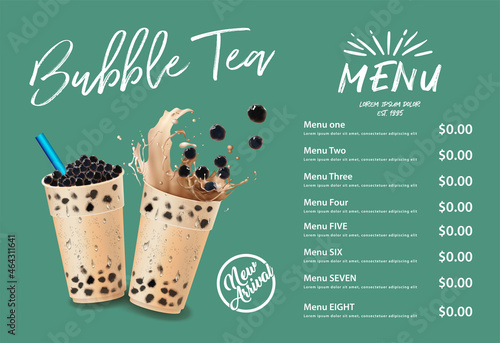 Bubble milk tea, Pearl milk tea , Different sorts of Boba. Yummy drinks. Ads with delicious tapioca.  Restaurant cafe menu, template design. Food flyer. Chalk board, retro menu restaurant poster. 