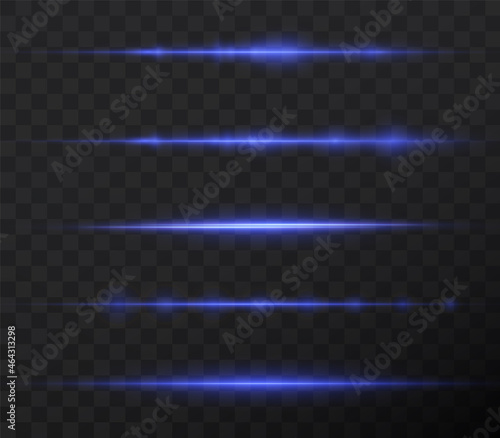 Neon horizontal lens flares pack. Laser beams, horizontal light rays. Collection effect light blue line png. Beautiful light flares. Glowing streaks on light background. 