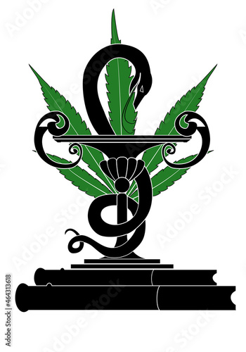 Cannabis medicinal. Símbolo de farmacia con una hoja de cannabis. Medicina alternativa. 
