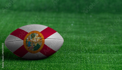 American football ball  with Florida flag on green grass background  close up
