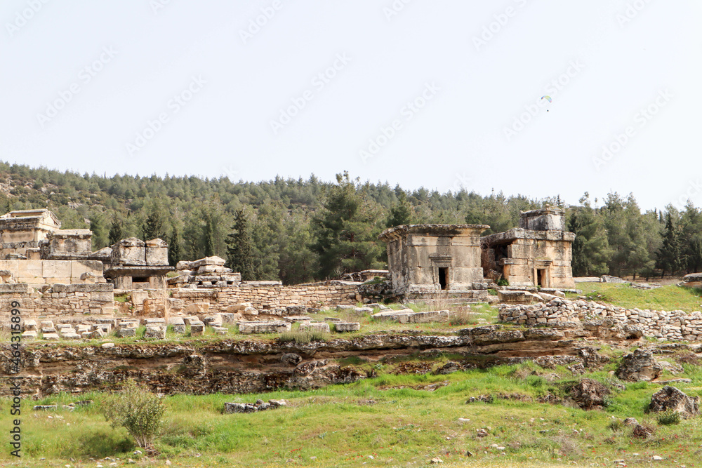 ancient ruined tombs of Necropolis in Hierapolis, Turkey