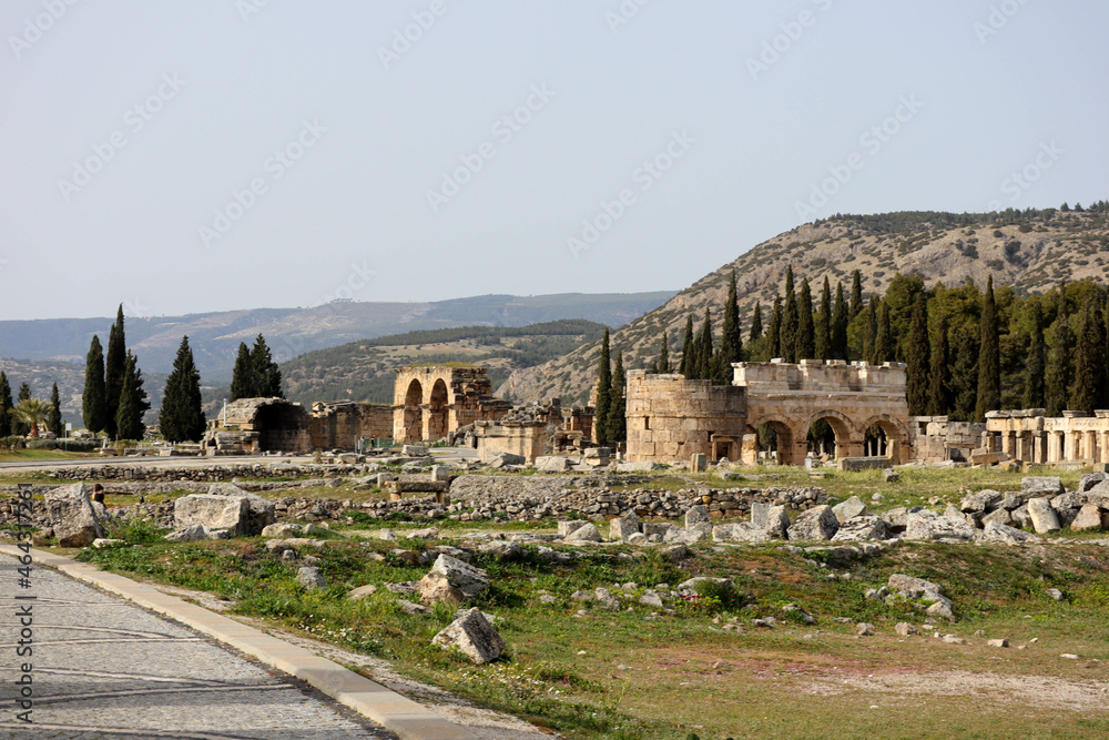 landscape with main gate of the ruined ancient city Hierapolis in Turkey