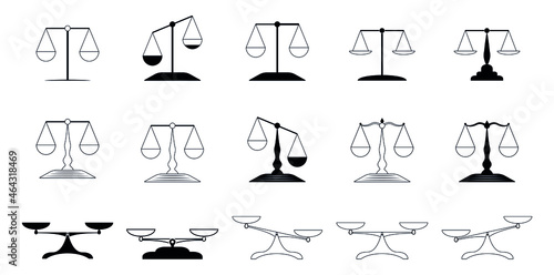 Scales icon vector set. Scale illustration sign collection. Balanced scale cups, an unbalanced scale, vintage scale. Vector illustration