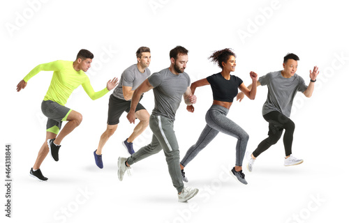 Group of sporty running people on white background