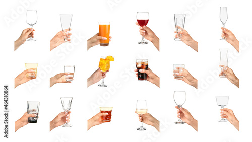 Collection of hands holding different glasses on white background