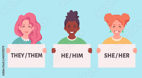 People holding sign with gender pronouns. She, he, they, non-binary. Gender-neutral movement. Vector illustration