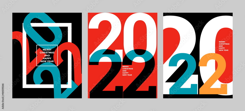 2022 Colorful set of Happy New Year posters. Abstract design with typography style. Vector logo 2022 for celebration and season decoration, backgrounds for branding, banner, cover, card and more.