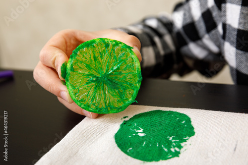 handmade exclusive print pattern. diy Printing Stamps lemons on clothes. step-by-step instruction