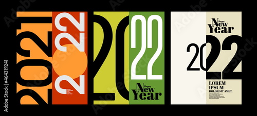 2022 Colorful set of Happy New Year posters. Abstract design with typography style. Vector logo 2022 for celebration and season decoration, backgrounds for branding, banner, cover, card and more.